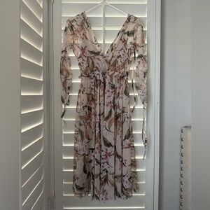 Topshop Blush Pink Floral Wrap Midi Dress with Green Leaf Accents